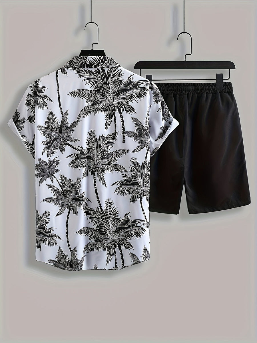 Herren Sommer Freizeit Set – Kurzarm Hemd mit Palmenmuster & Shorts, Perfekt für Urlaub und Strand