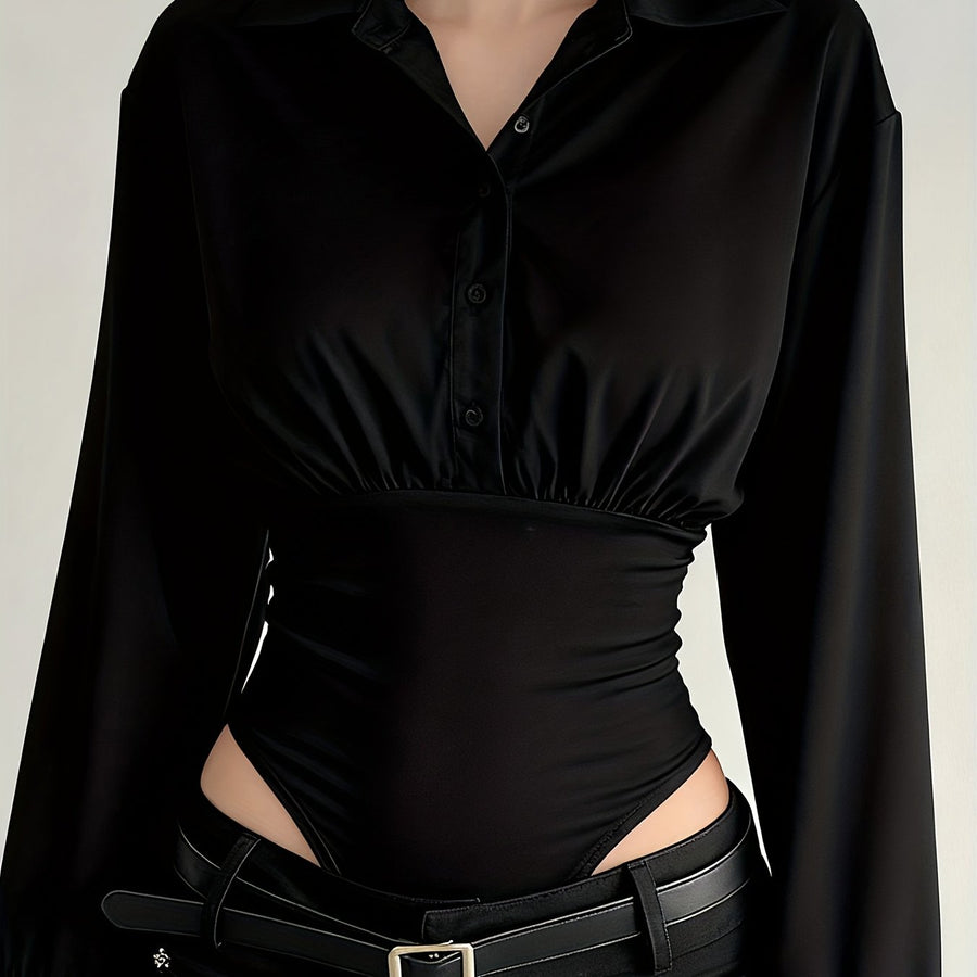Damen Langarm Bodysuit mit Hemdkragen und Raffungen an der Taille