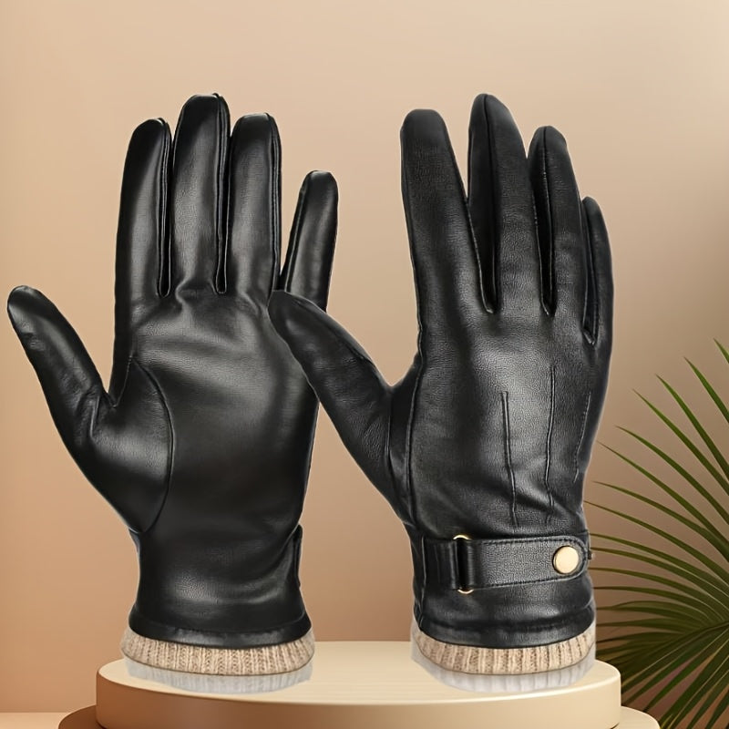 Unisex Handschuhe mit Strickbündchen, Schnalle und Druckknopf, Braun