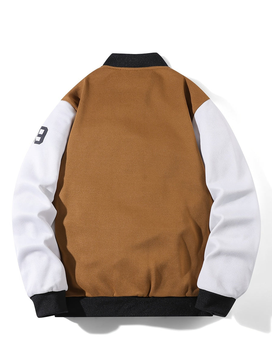 College Jacke Unisex mit Kontrastärmeln Druckknopfverschluss und Schriftzug