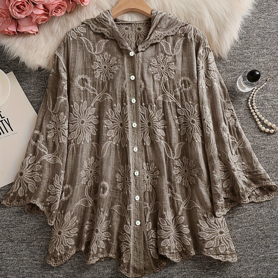 Damen Bestickte Bluse mit Kapuze, Langarm, Floral, Grün