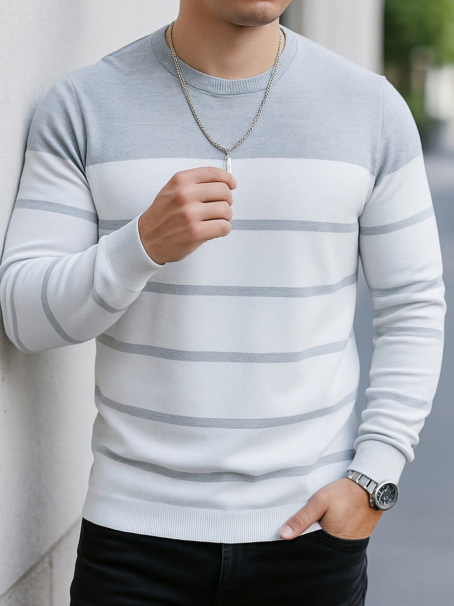 Herren Rundhals-Pullover Gestreift – Langarm, Farbblock-Design