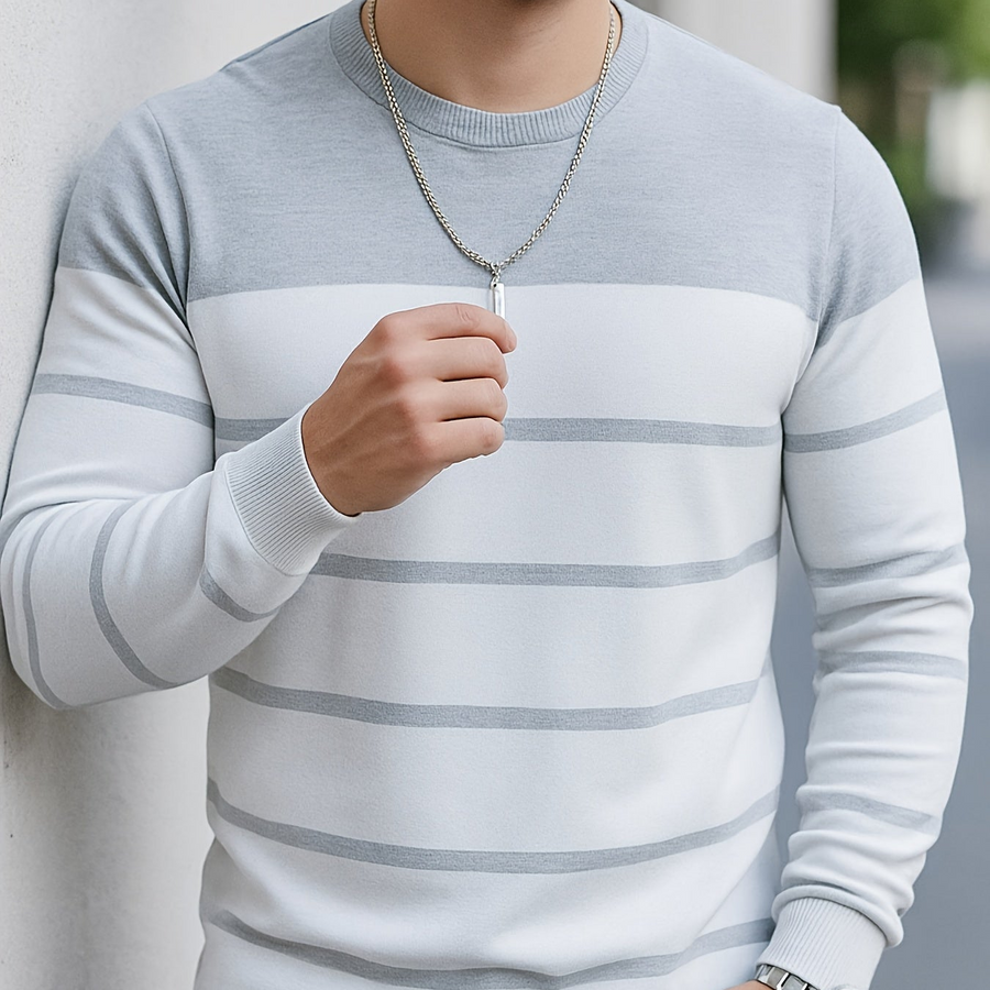 Herren Rundhals-Pullover Gestreift – Langarm, Farbblock-Design