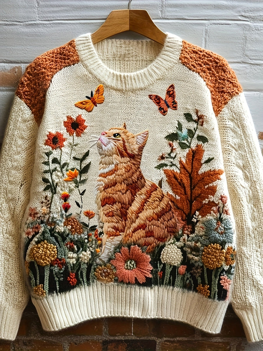 Creme-farbener Strickpullover mit Rundhalsausschnitt und Motiv