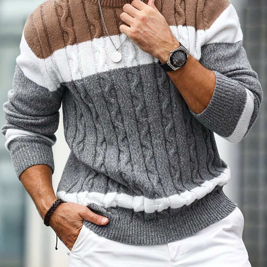 Herren Strickpullover Rundhals Zopfmuster Mehrfarbig Gestreift