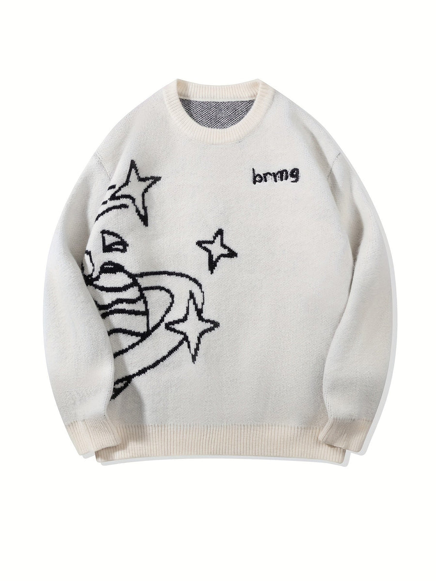 Unisex Strickpullover Rundhals mit Planeten- & Sternenmuster, Weit Geschnitten