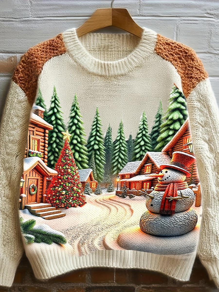 Creme-farbener Strickpullover mit Rundhalsausschnitt und Motiv
