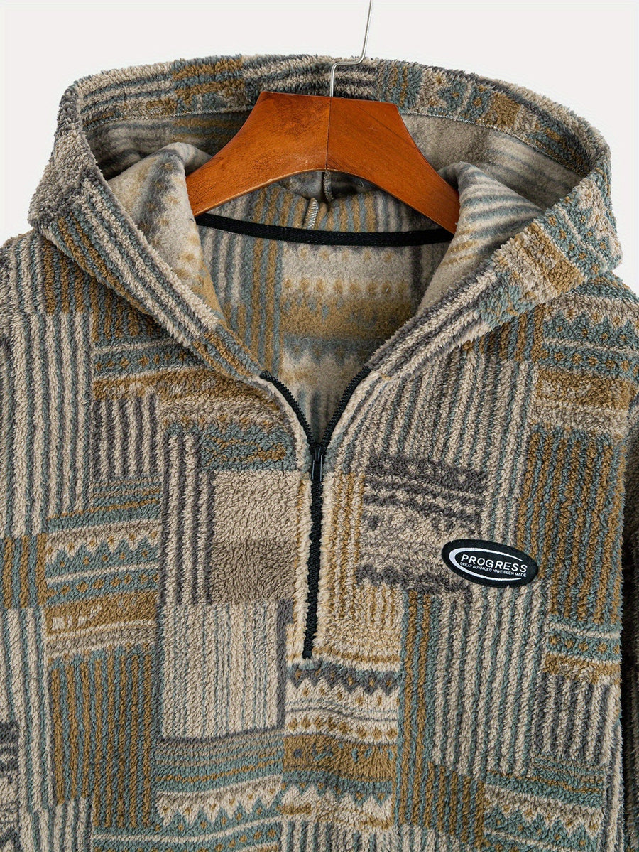 Heren patchwork-hoodie van teddyfleece met quarter-zip