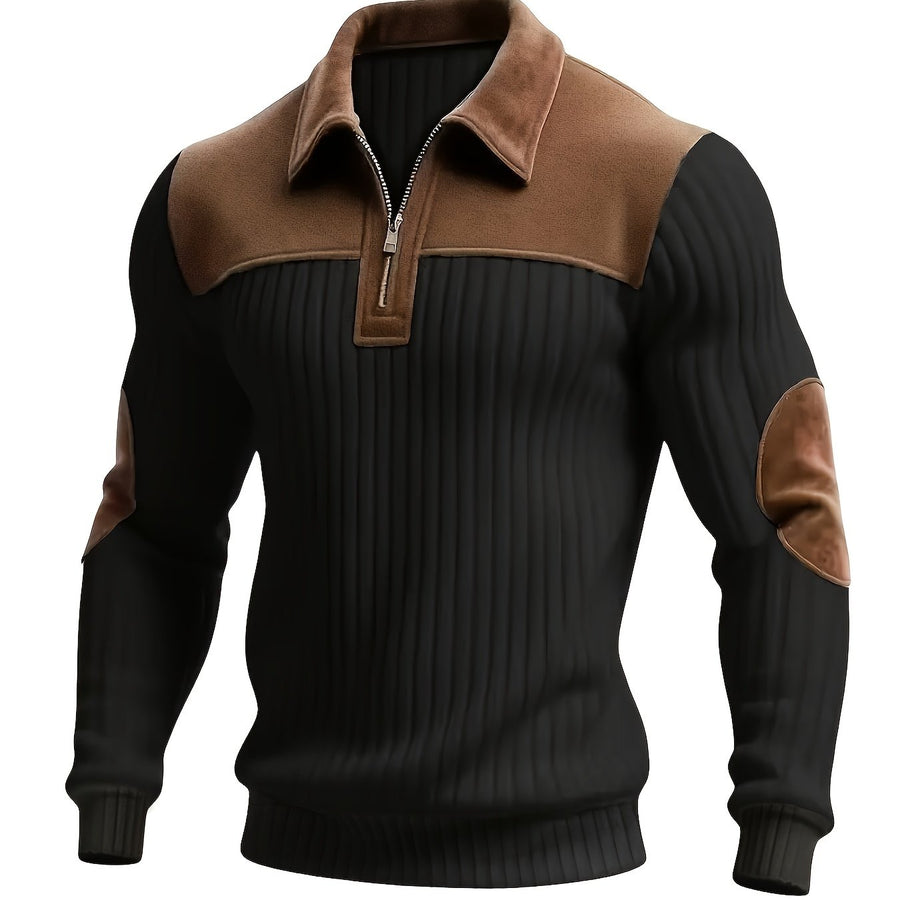 Herren Strickpullover Rippstrick Reißverschluss Kragen Ellenbogenpatches Beige Braun