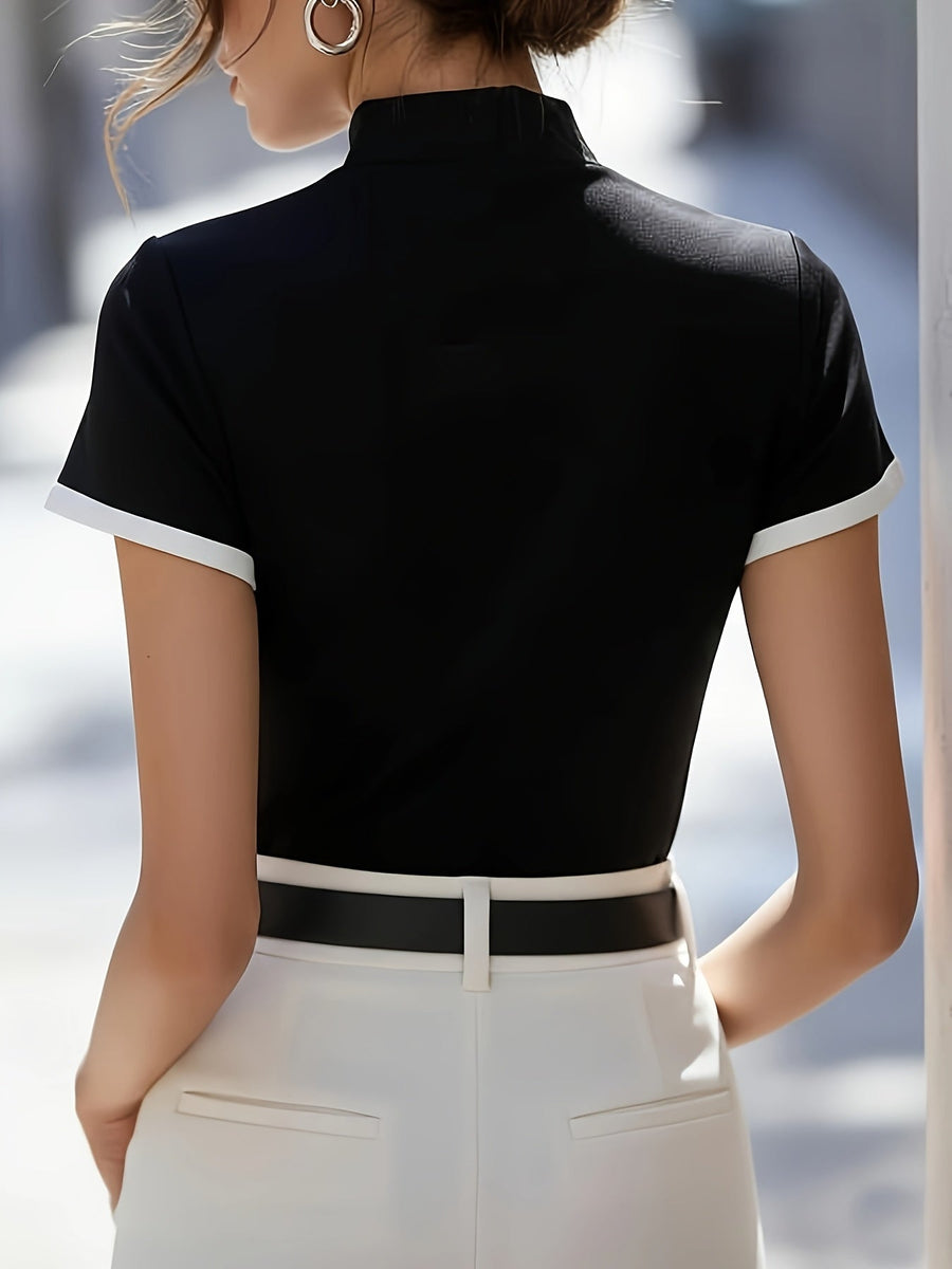 Damen Bluse mit Stehkragen und asymmetrischem Design – Stilvoll für Büro & Events