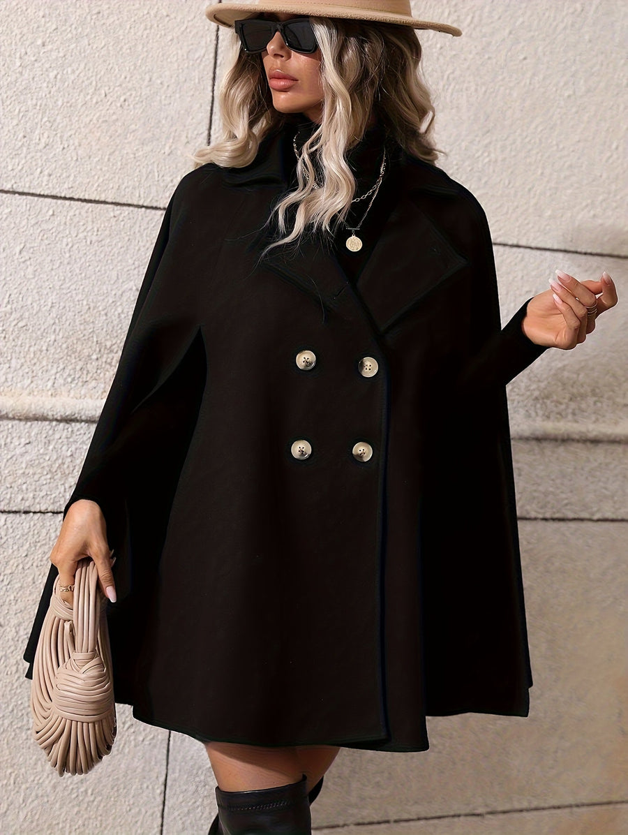 Damen Cape Schwarz mit doppelreihiger Knopfleiste & Stehkragen