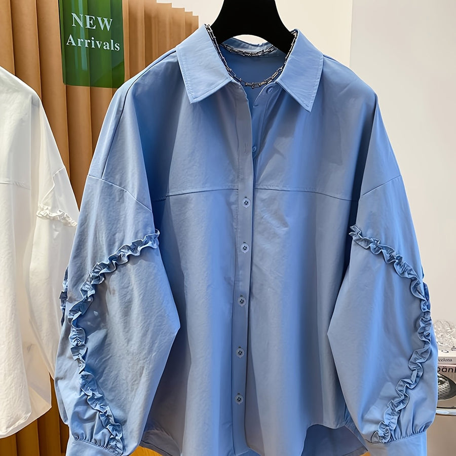 Damen Bluse Langarm Hellblau mit Rüschendetails an den Ärmeln