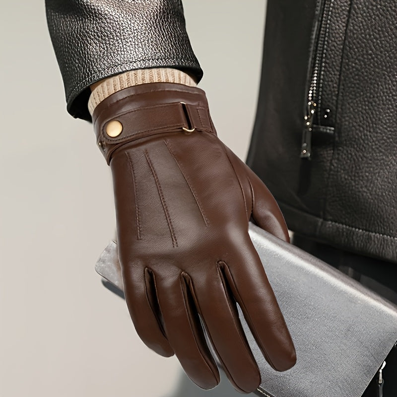Unisex Handschuhe mit Strickbündchen, Schnalle und Druckknopf, Braun