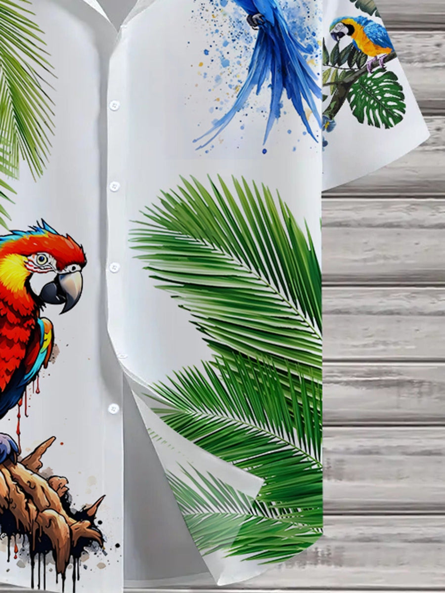 Herren Hawaiihemd mit Papageien-Print und tropischem Palmen-Design – Kurzarm, Freizeit, Sommer