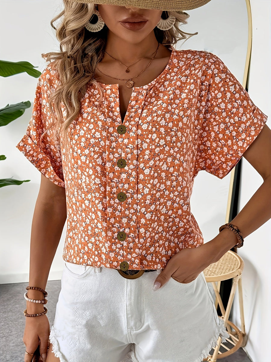 Damen Blusenshirt mit Knopfleiste und Blumenmuster – Sommerlich, Elegant, Freizeit