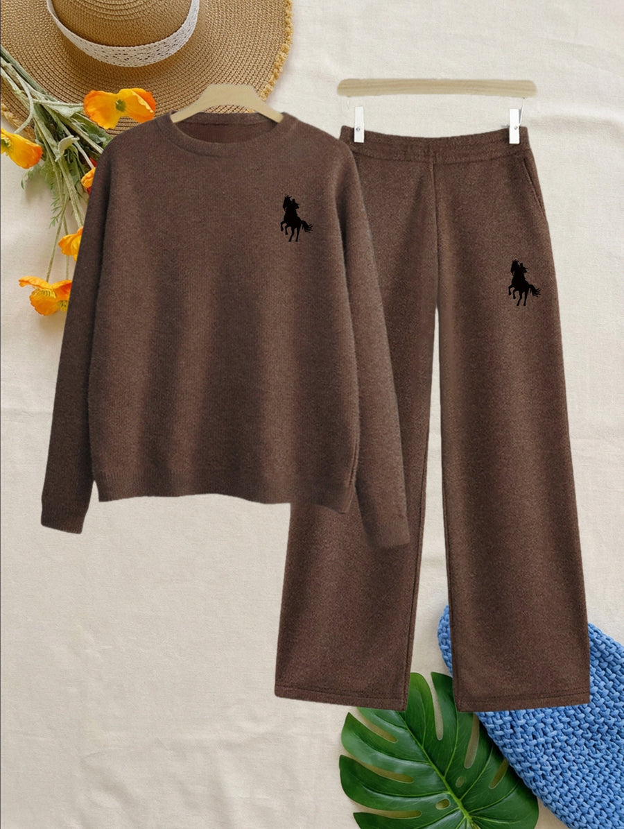 Damen Loungewear Set Braun mit Pferde-Stickerei, Pullover & Weite Hose