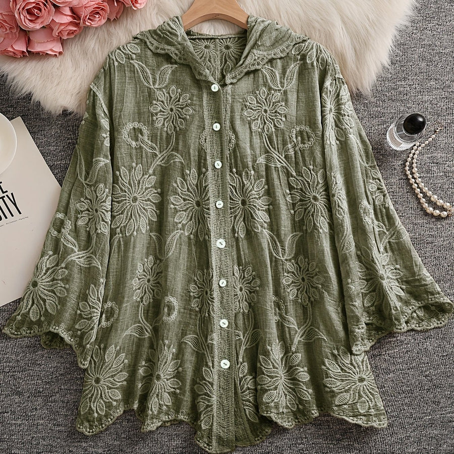 Damen Bestickte Bluse mit Kapuze, Langarm, Floral, Grün