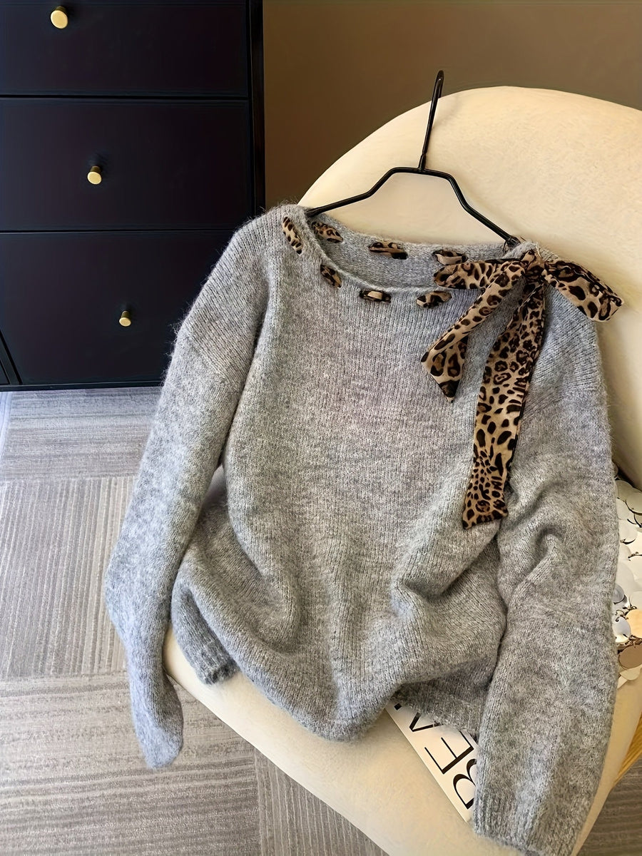 Damen Pullover mit Leopardenmuster Schal Ausschnitt Langarm Strickpullover