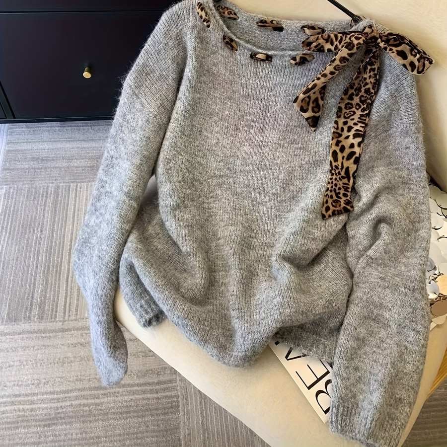 Damen Pullover mit Leopardenmuster Schal Ausschnitt Langarm Strickpullover