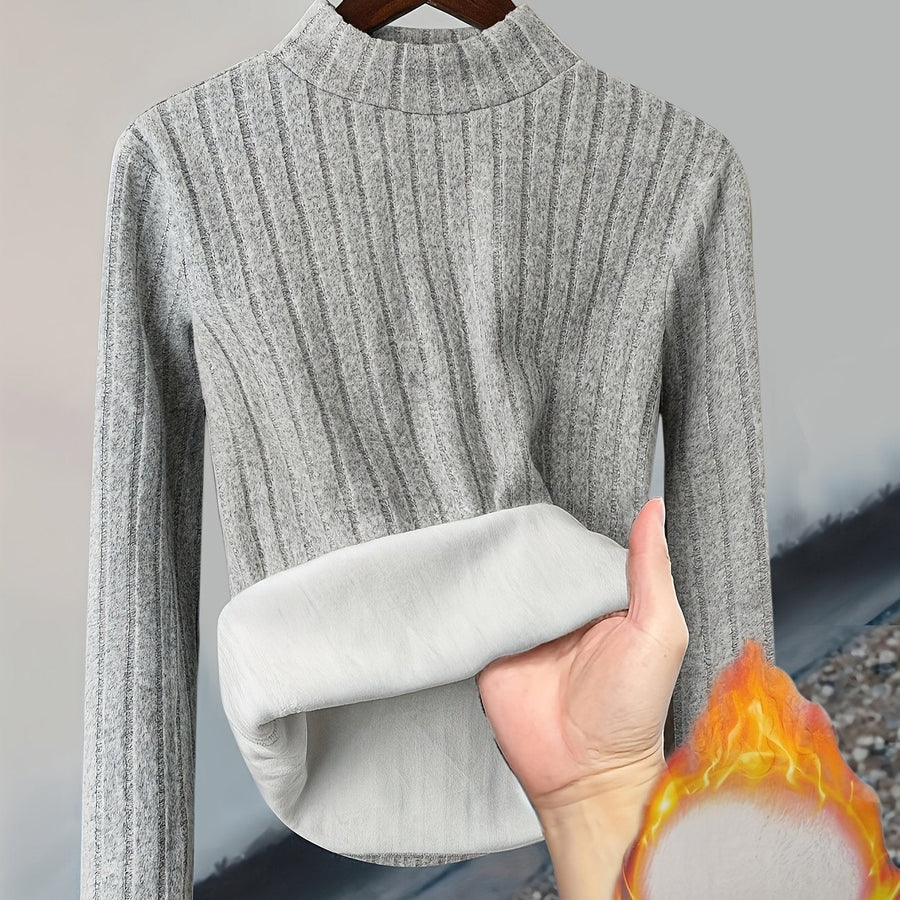 Gerippter Damen Pullover mit hohem Kragen und warmem Fleecefutter, Langarm, Slim Fit