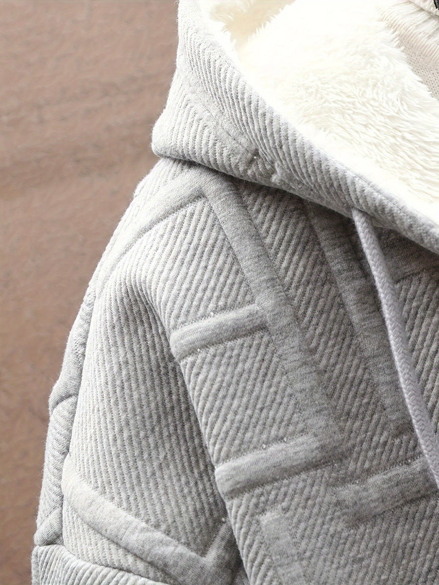 Herren Winter Hoodie Jacke mit Plüschfutter Reißverschluss Dick Gemustert Schwarz