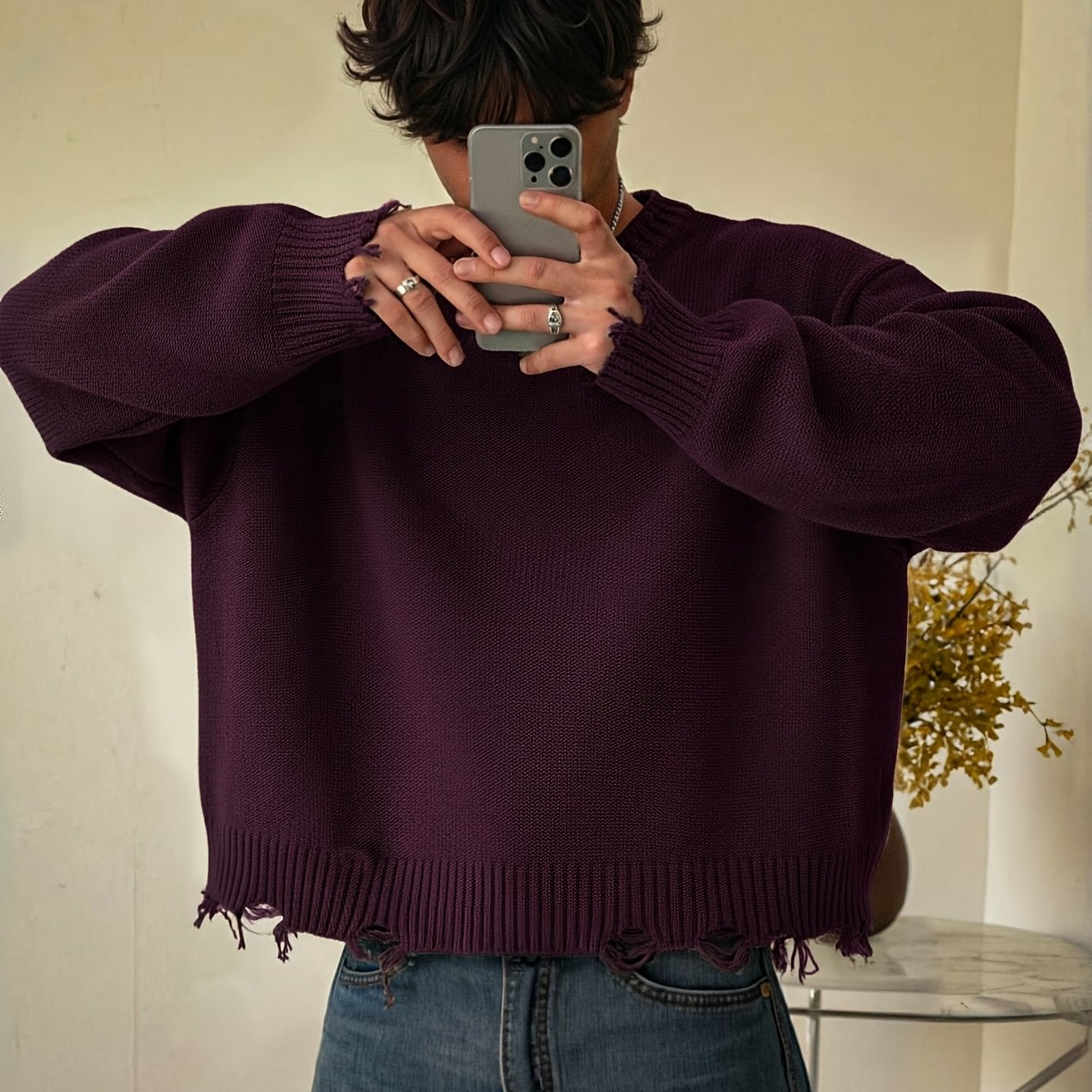 Unisex Distressed Pullover mit Rundhals und Rippstrickbündchen
