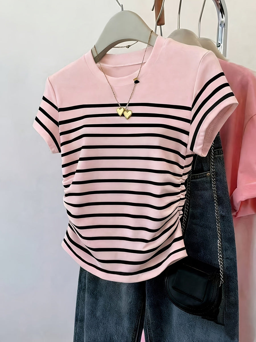 Damen T-Shirt im Streifen-Design mit modischen Raffungen – Perfekt für Freizeit und Alltag