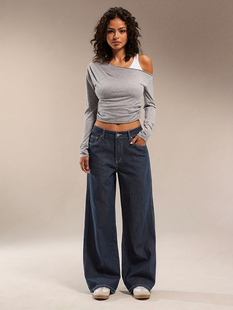 Damen Baggy Jeans dunkelblau mit Nadelstreifen weites Bein