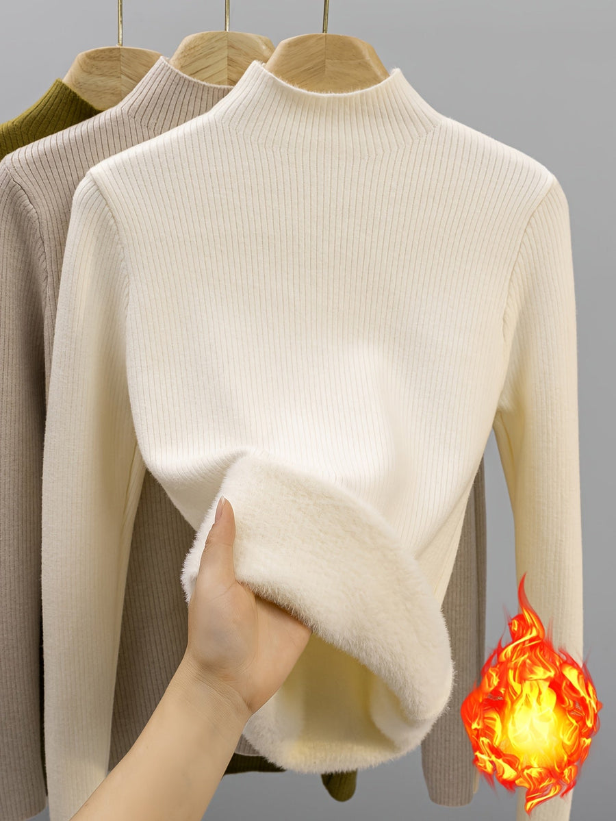 Gerippter Damen Mock-Neck Pullover Langarm Futter Weich Warm