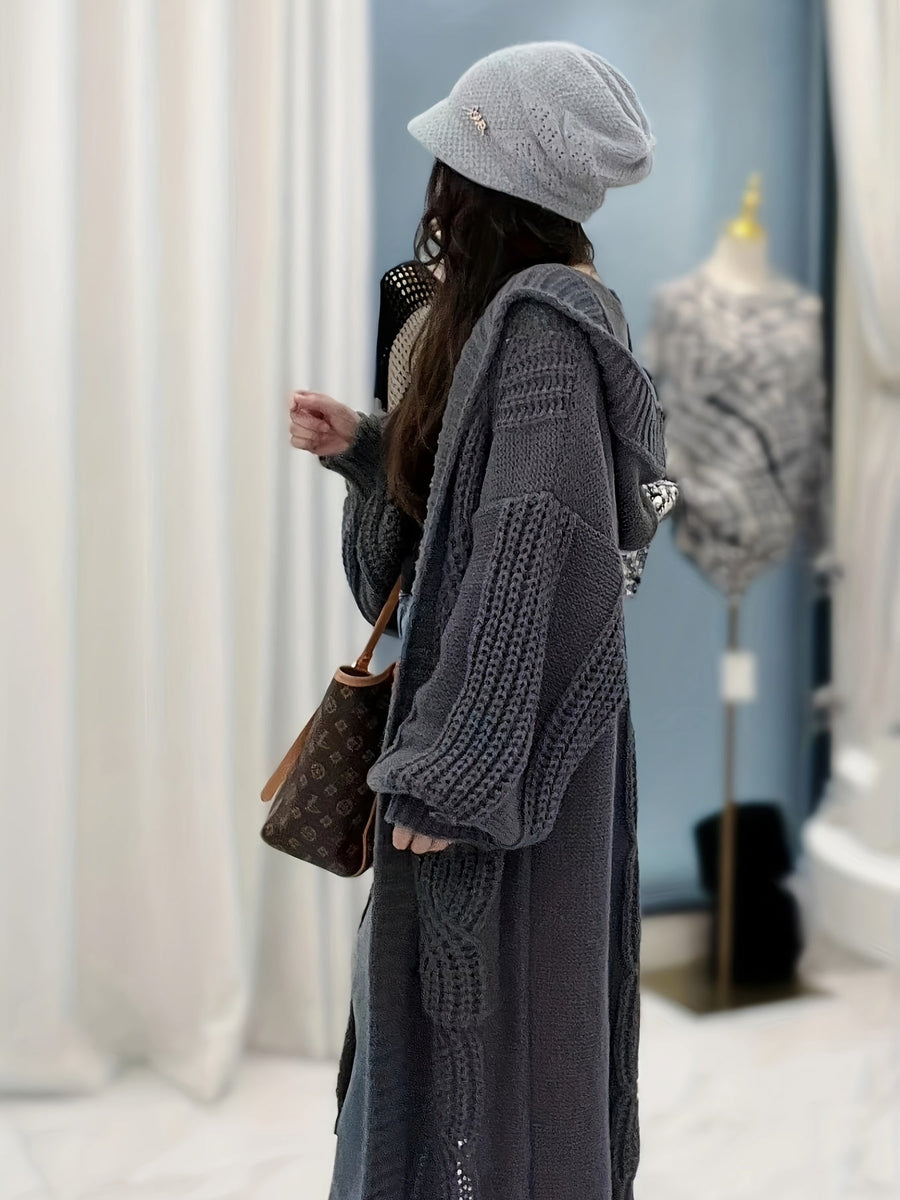 Damen Strickmantel Lang mit Kapuze Zopfmuster Strickjacke Grau