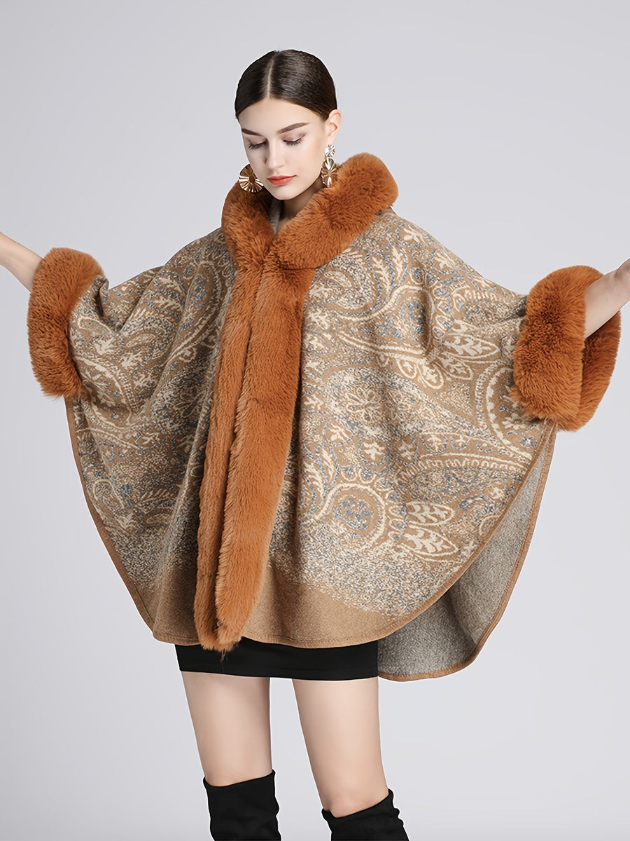 Damen Cape mit Kapuze, Pelzbesatz und Muster – Gemütlicher Umhang