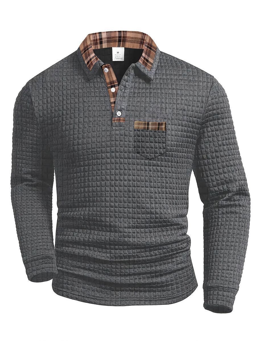 Herren Langarm-Poloshirt Waffelstruktur mit kariertem Kragen und Taschendetail