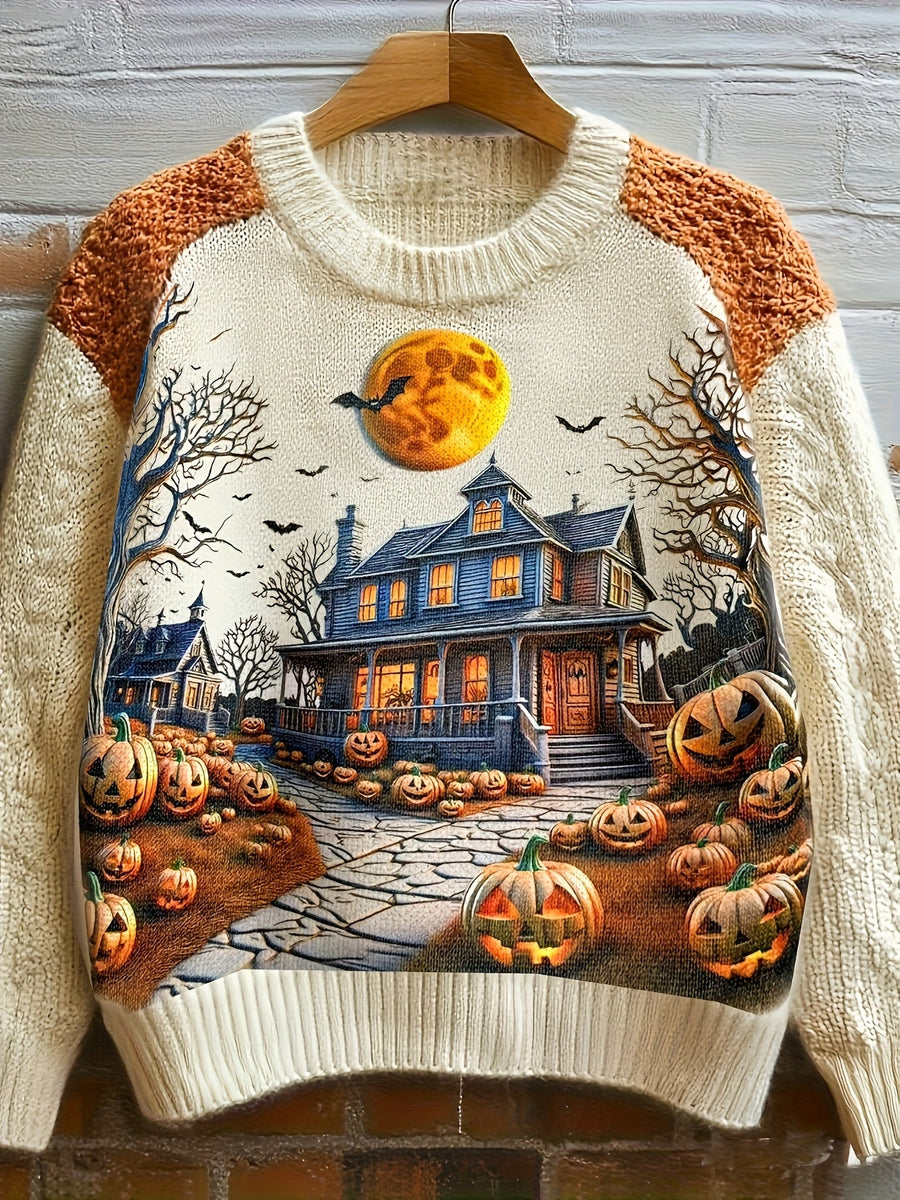 Creme-farbener Strickpullover mit Rundhalsausschnitt und Motiv