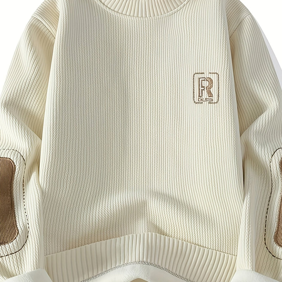 Unisex Langarm-Sweatshirt mit Rundhalsausschnitt, gerippter Textur und Ellenbogen-Patches