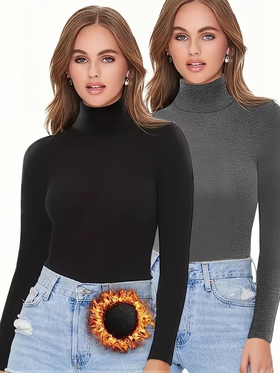 Damen Rollkragen Langarmshirt Eng Anliegend Einfarbig Basic Top