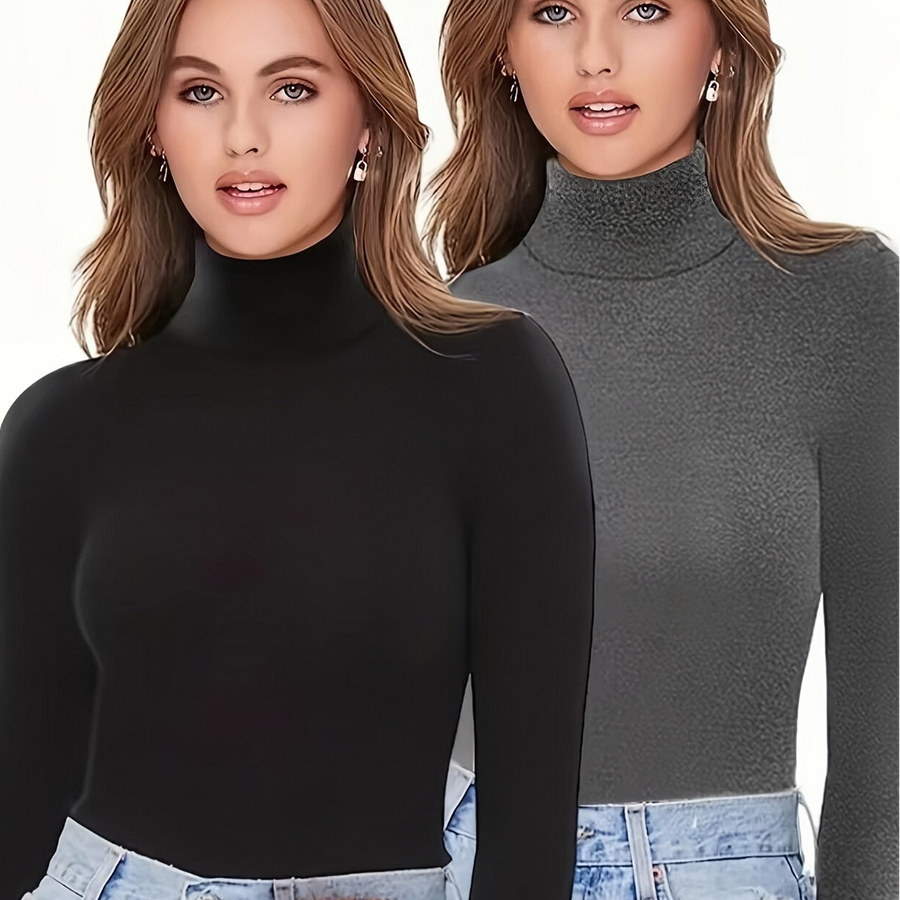 Damen Rollkragen Langarmshirt Eng Anliegend Einfarbig Basic Top