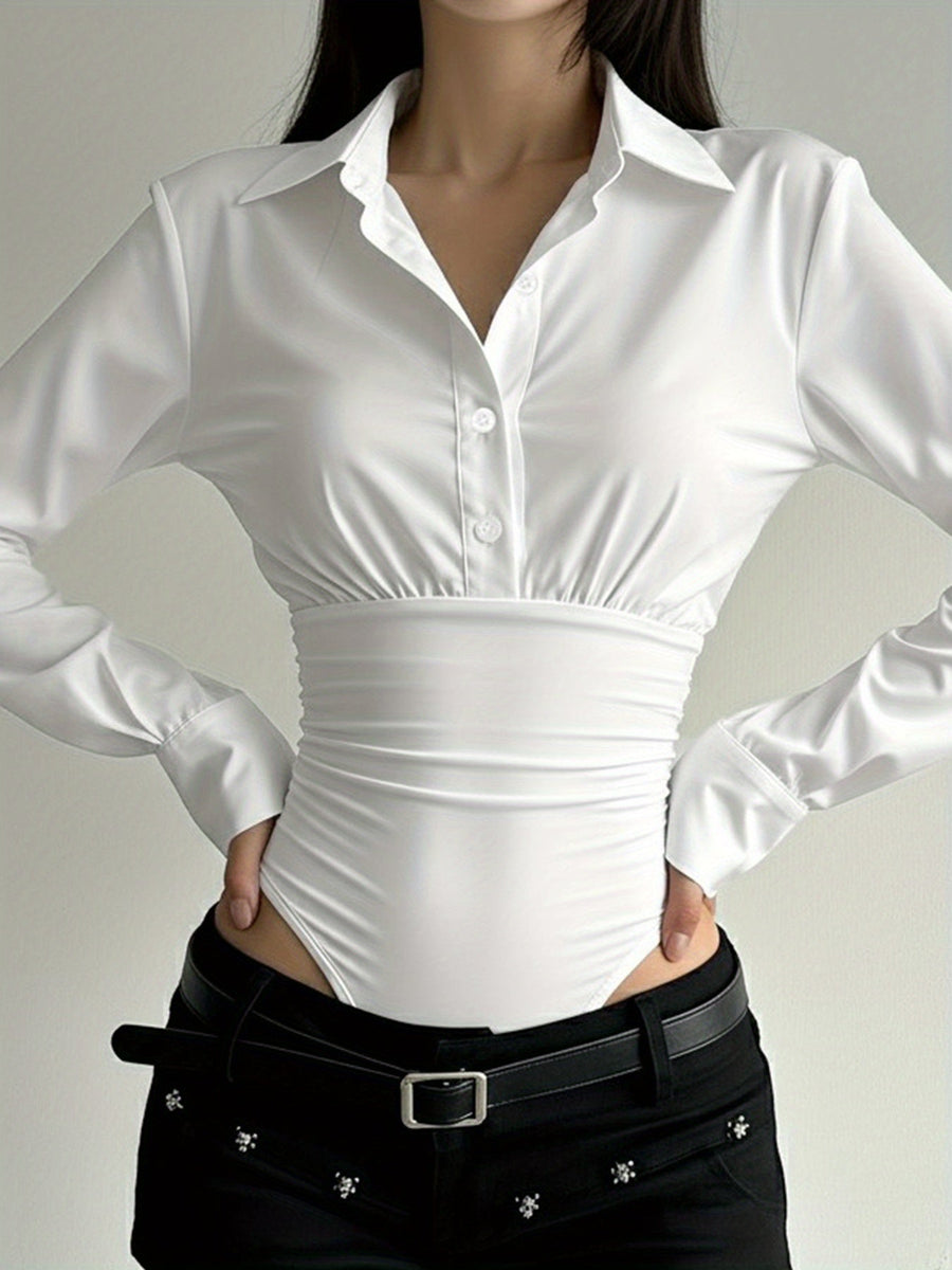 Damen Langarm Bodysuit mit Hemdkragen und Raffungen an der Taille