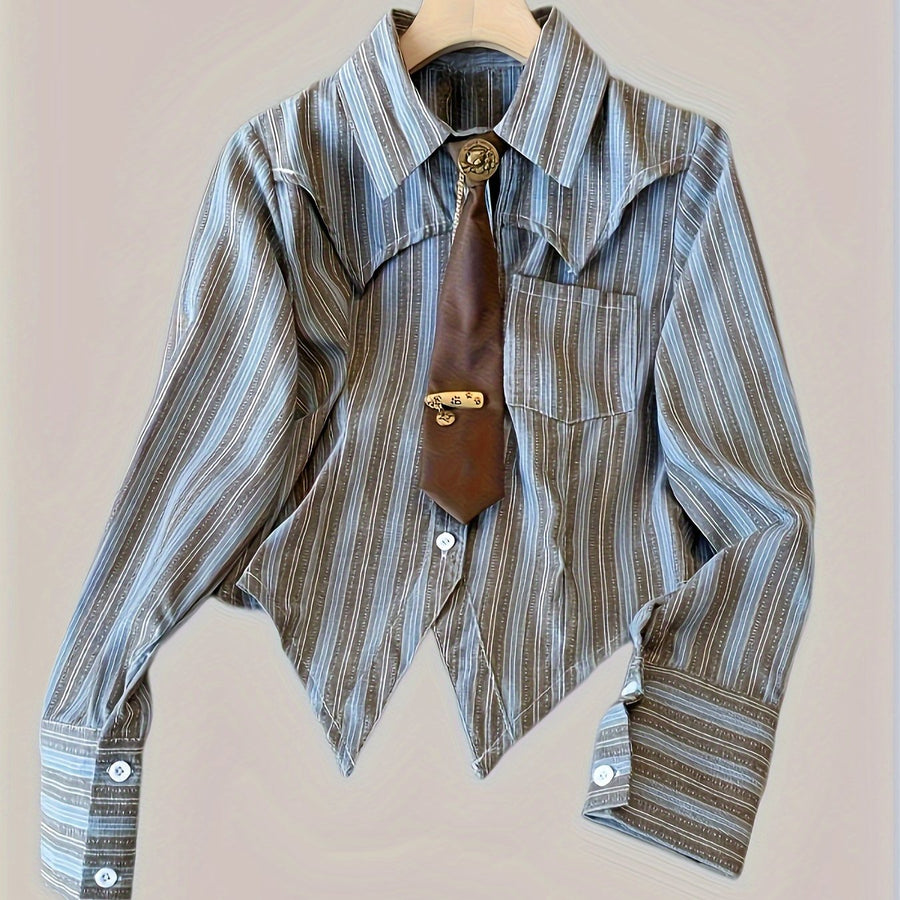 Gestreifte Bluse mit Spitzkragen und Krawatte, langärmelig, für Damen