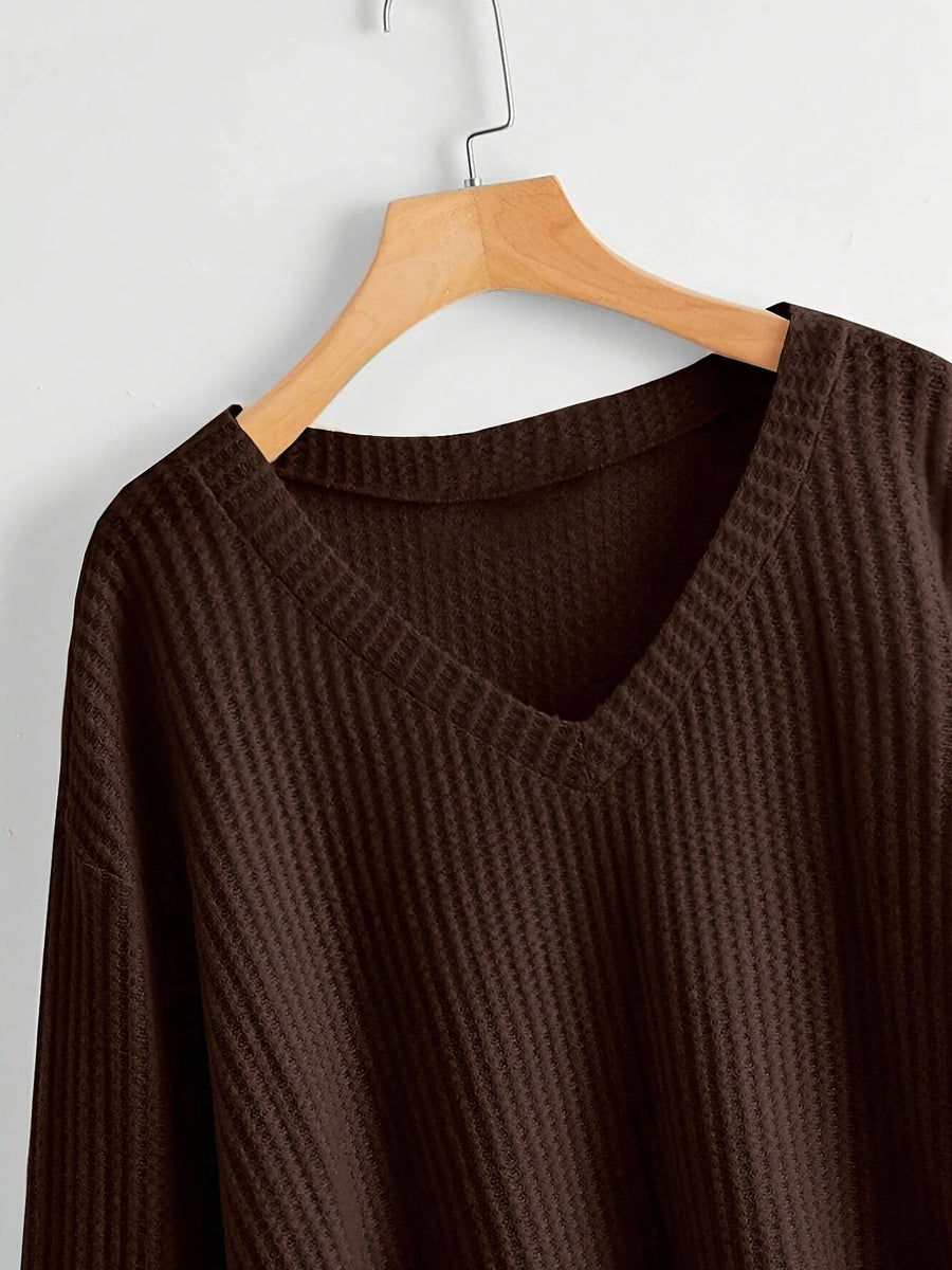 Damen Crop Top Strickpullover V-Ausschnitt Waffelstruktur Langarm