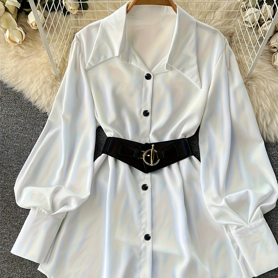 Damen Bluse Langarm Hemdkragen Weiß Weite Ärmel Gürtel