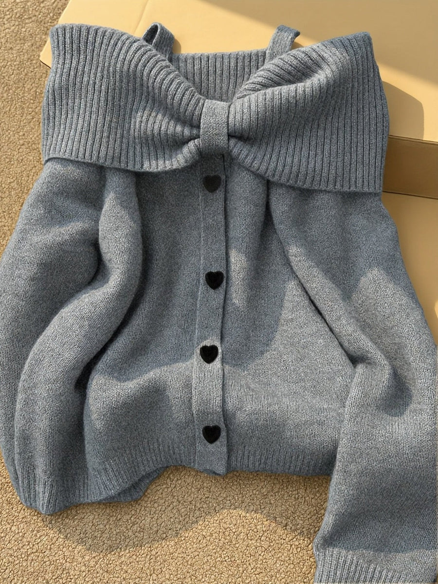 Damen Strickpullover Carmen-Ausschnitt Schleife Herzknöpfe
