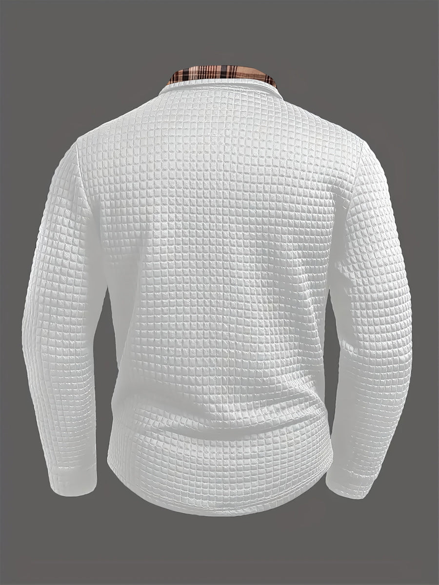 Herren Langarm-Poloshirt Waffelstruktur mit kariertem Kragen und Taschendetail