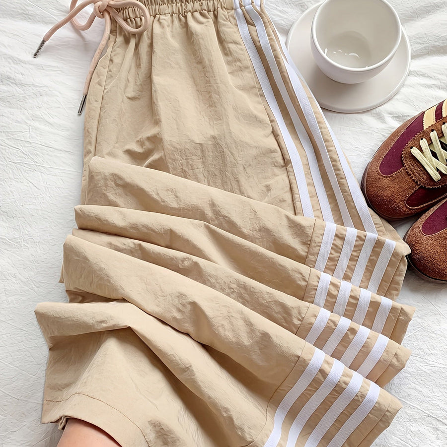 Damen Weitbeinige Sporthose mit Streifen und Kordelzug – Lässige Freizeithose für Alltag & Fitness