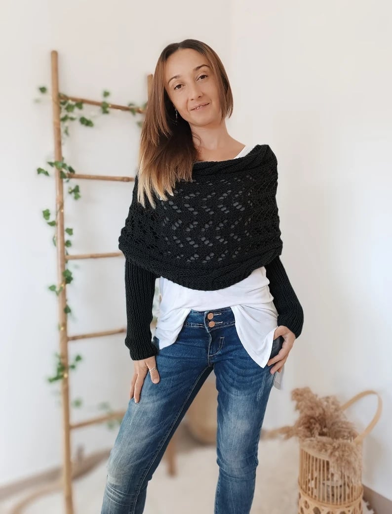 Damen Strick Bolero mit langen Ärmeln und Lochmuster