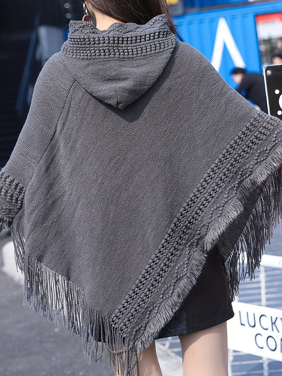 Damen Poncho mit Kapuze, gestrickt, mit Fransen – Einheitsgröße