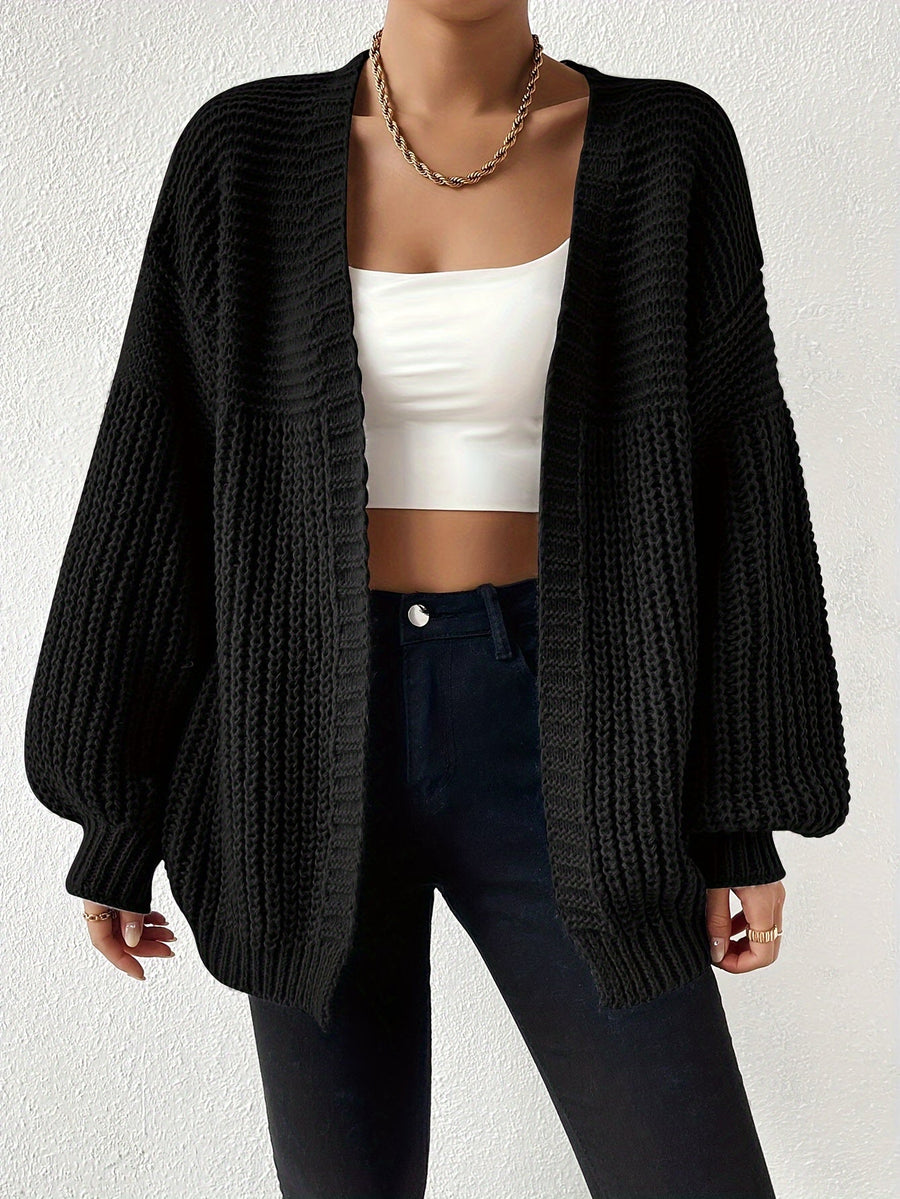 Damen Strickjacke Schwarz Offen Grobstrick Ballonärmel