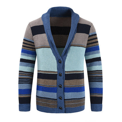 Gestrickter Herren Cardigan mit Schalkragen und Knopfleiste, Querstreifen Muster