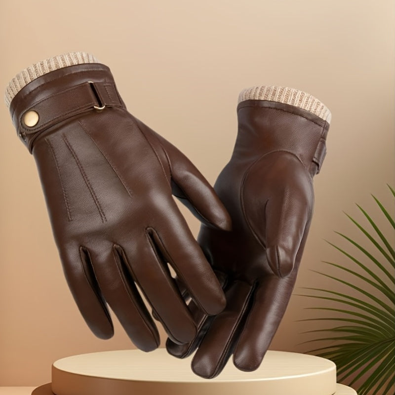 Unisex Handschuhe mit Strickbündchen, Schnalle und Druckknopf, Braun