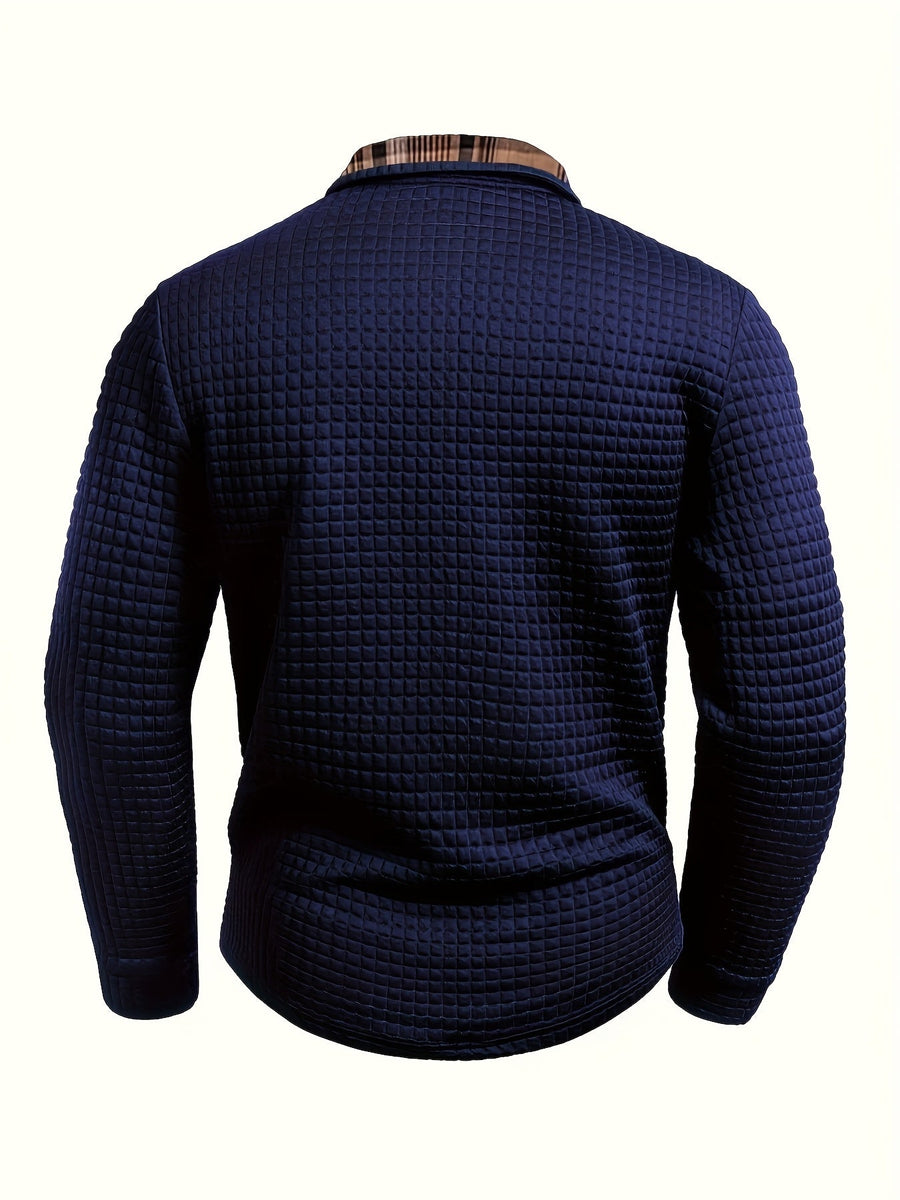 Herren Langarm-Poloshirt Waffelstruktur mit kariertem Kragen und Taschendetail