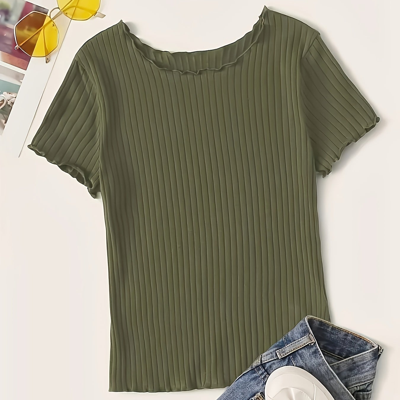 Damen Basic T-Shirt mit kurzen Ärmeln und Rippstruktur – Modisches Alltags-Oberteil mit Wellenkante
